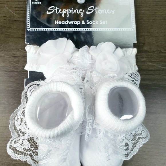 Stepping Stones, White Headwrap & Sock Set, Infants 0-12 Months - Picture 1 of 5